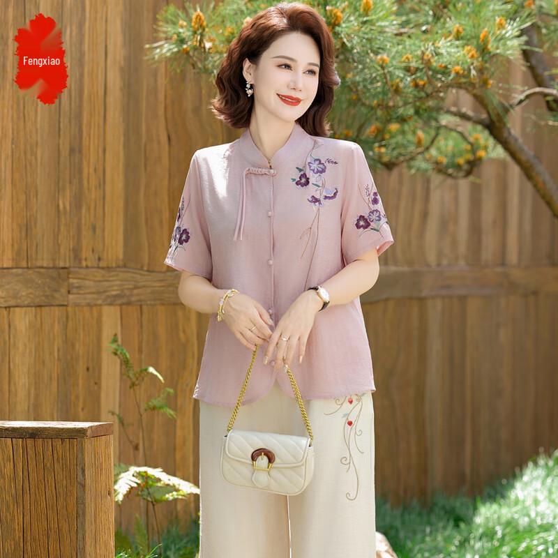 Damen Baumwoll-Leinen T-Shirt & Kurzarm Set im chinesischen Stil