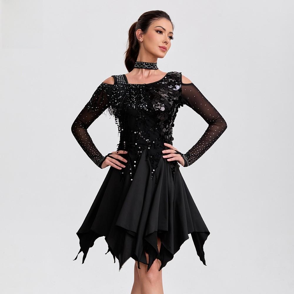 Vestido de Danza Latina Disfraz de Actuación Con Lentejuelas Manga Larga Flecos Para Mujer