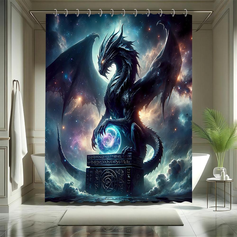 1pc Shower Curtain - Majestic Black Dragon with Celestial Background and Mystical Orb Design for a Dramatic Bathroom Waterproof