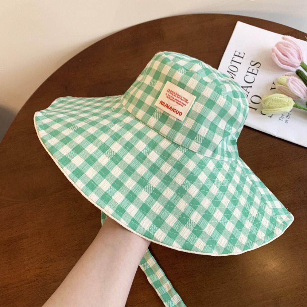 Sun Protection Hiking Fisherman Hat Big Brim Plaid Hiking Cap Breathable Drawstring Sun Hat  Summer
