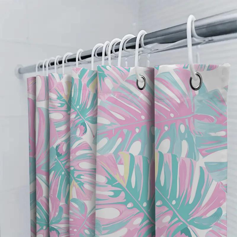 Vibrant Palm Leaf Shower Curtain For Bathroom Decor Pink Teal Floral Waterproof Fabric Decoration