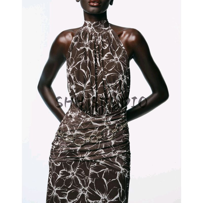 Fall Women's Clothing Ruched Decorative Bowknot Shoelace Hanging Collar Print Silk Net Length Dress 5039143