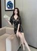 Chic Lace Waist Slim-Fit V-Neck Dress for Sauna & Foot Bath Technician