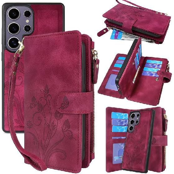 Lacass Case Wallet for Samsung Galaxy S25 Ultra, [12 Card Slots] ID Credit Cash Holder Zipper Pocket Detachable Leather Wallet Cover with Wrist Strap