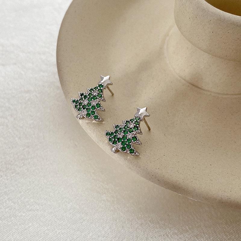 Korean Style Christmas Tree Earrings for Women - New Year Theme, High-End Niche Silver Studs