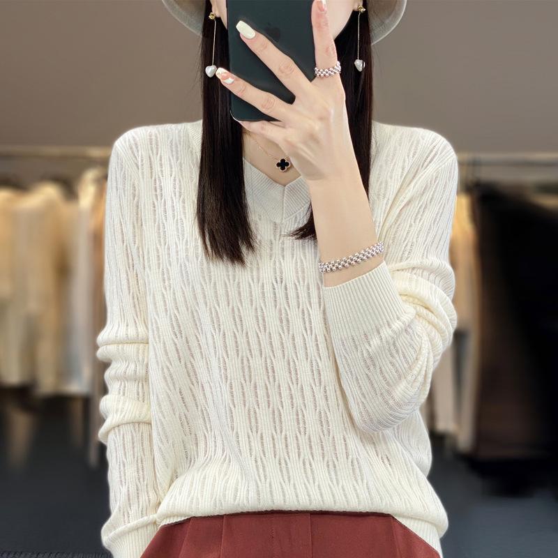 Summer 2025 Women's Plus Size V-Neck Long Sleeve Hollow Out Knit Sweater Cardigan Blouse