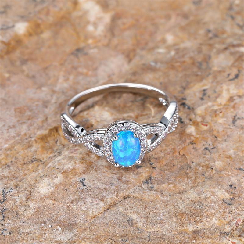 Small Oval Stone Blue Opal Ring White Zircon Hollow Infinity Engagement Rings For Women Trendy  Color Wedding Band Jewelry