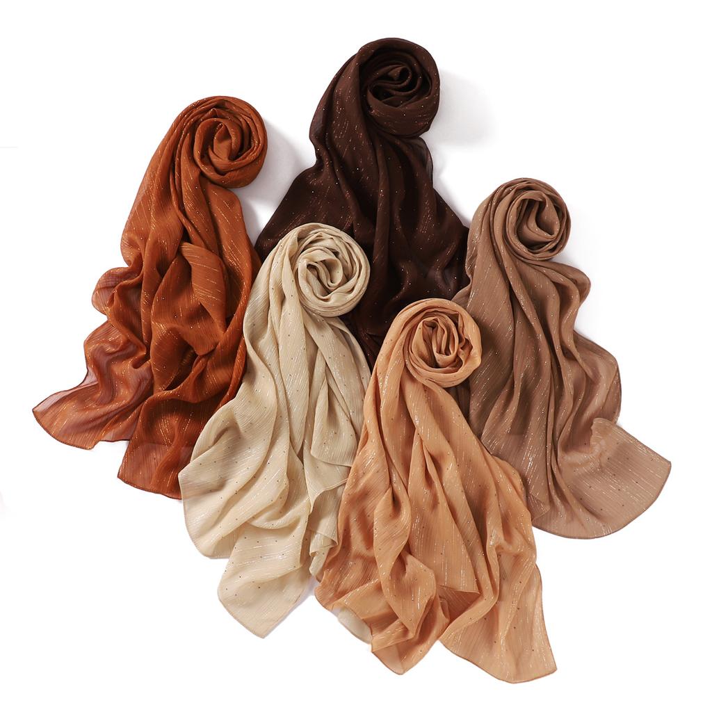 New Solid Color Silver Sequin Rhinestone Chiffon Scarf Fine Pleated Breathable Women's Turban Wrap Malay Shawl