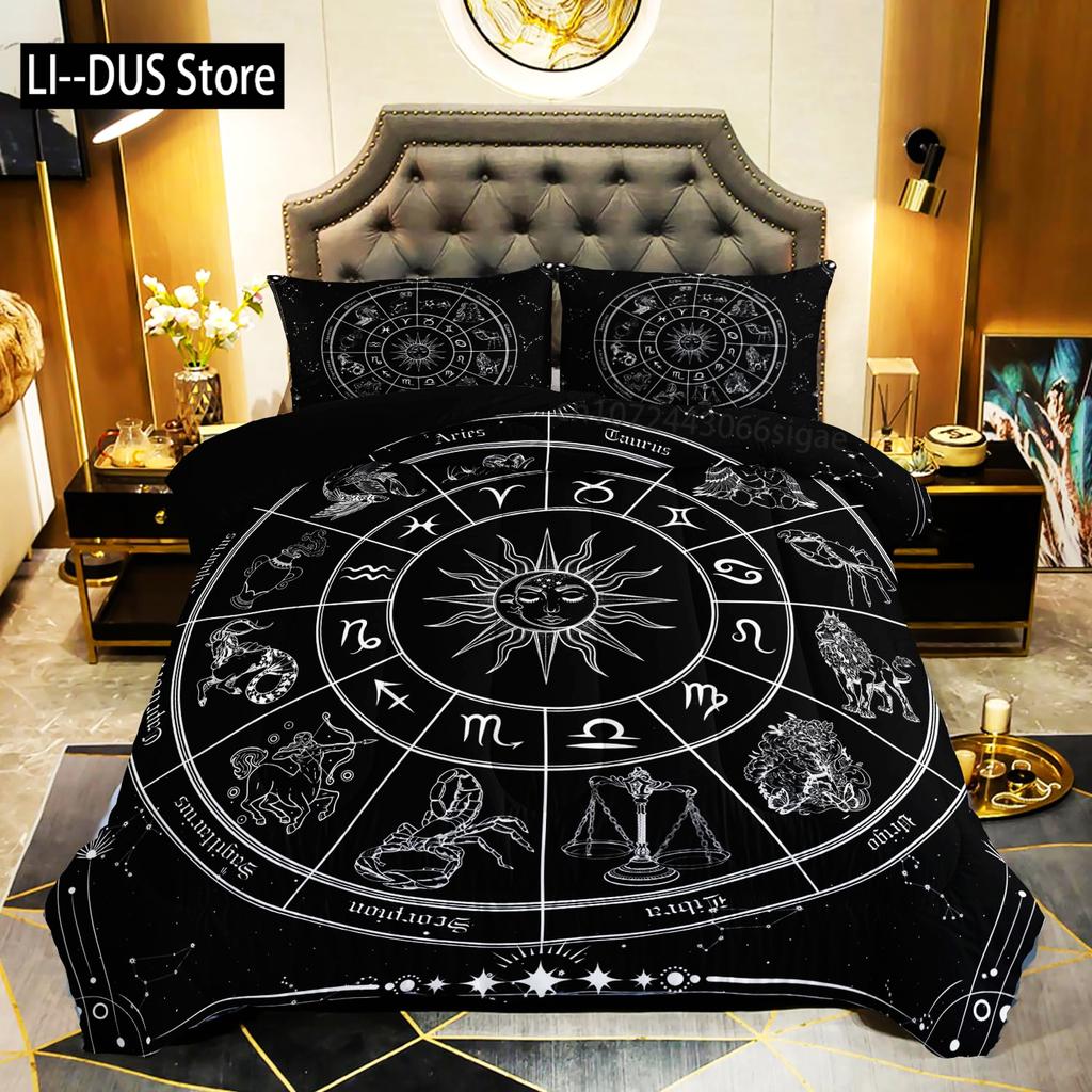 Constellation Duvet Cover Set Sky Star Map Geometric Circle Decorative 3 Piece Bedding Set with 2 Pillow Shams Queen Full Size