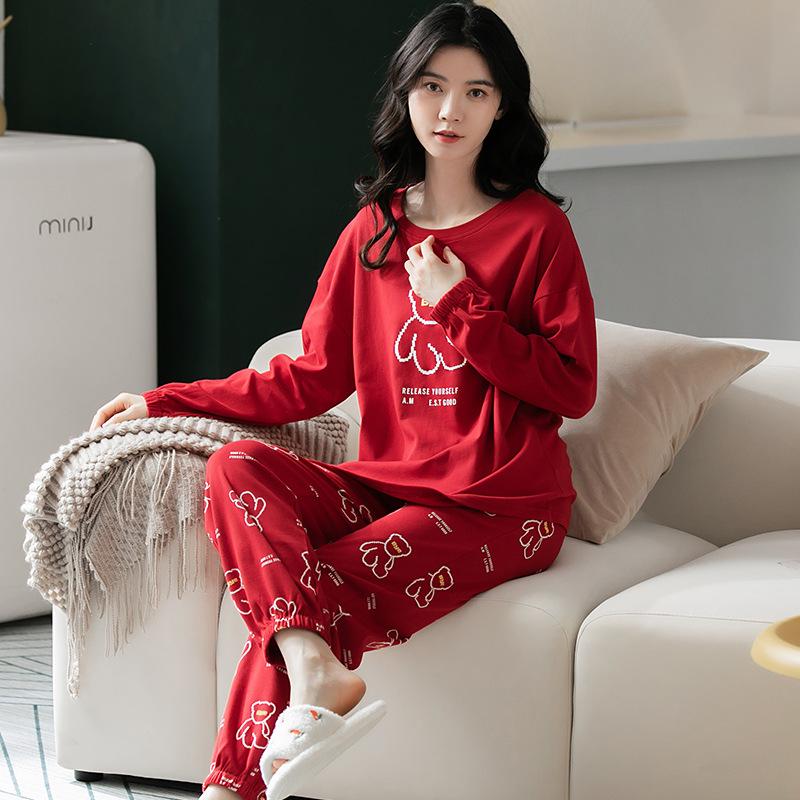 Aifen Teng Women's Pajamas Set: Pure Cotton, Long Sleeve, Long Pants, Casual Home Wear, Suitable for Spring, Autumn, and Winter.