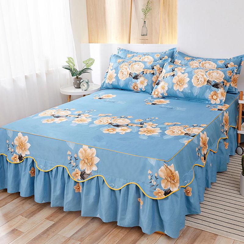 Flower Print Ruffled Bedding Set,Pillowcases Set/Bed Skirt Set,Bed Skirt*1 ,Pillowcases *2 (Size: Twin/Full/Queen/King)