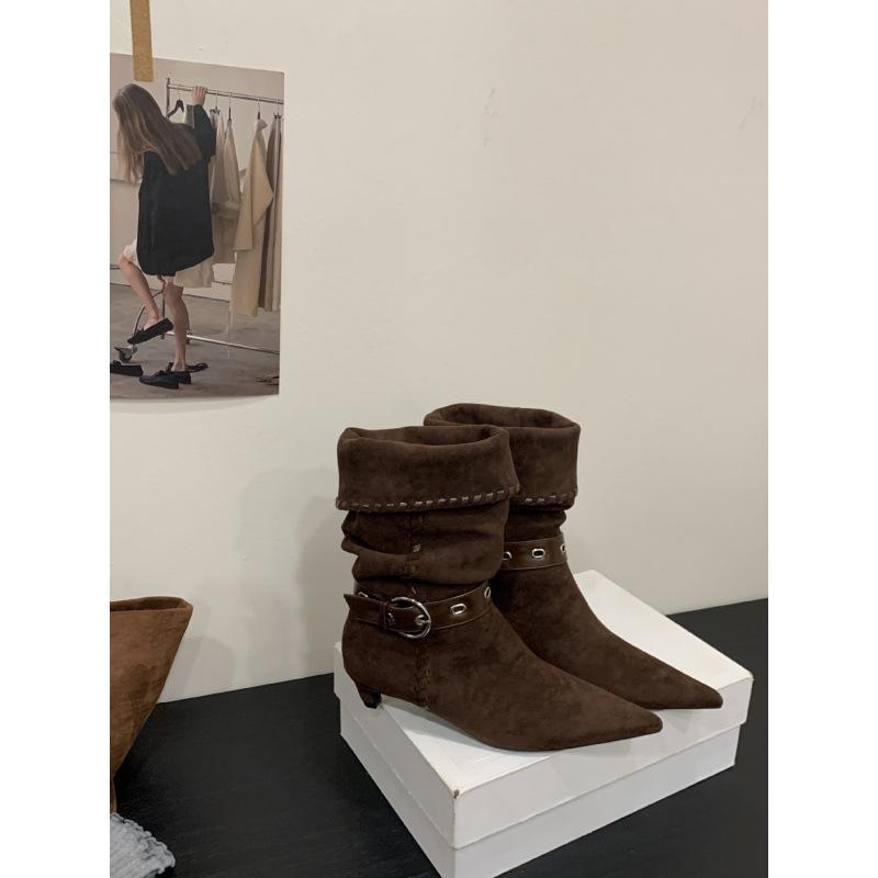 

2025 новые ретро узкие универсальные ковбойские сапоги на скошенном каблуке с острым носком женские замшевые короткие сапоги модные сапоги-чулки 39 темно-коричневого