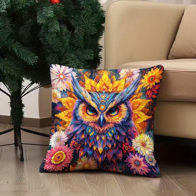 1pc Iridescent Feather Owl Sunflower Daisy Floral Double-Sided Printed Pillowcase, Bohemian Fantasy Forest Animal Artist Home Decor Cushion Cover, Zip