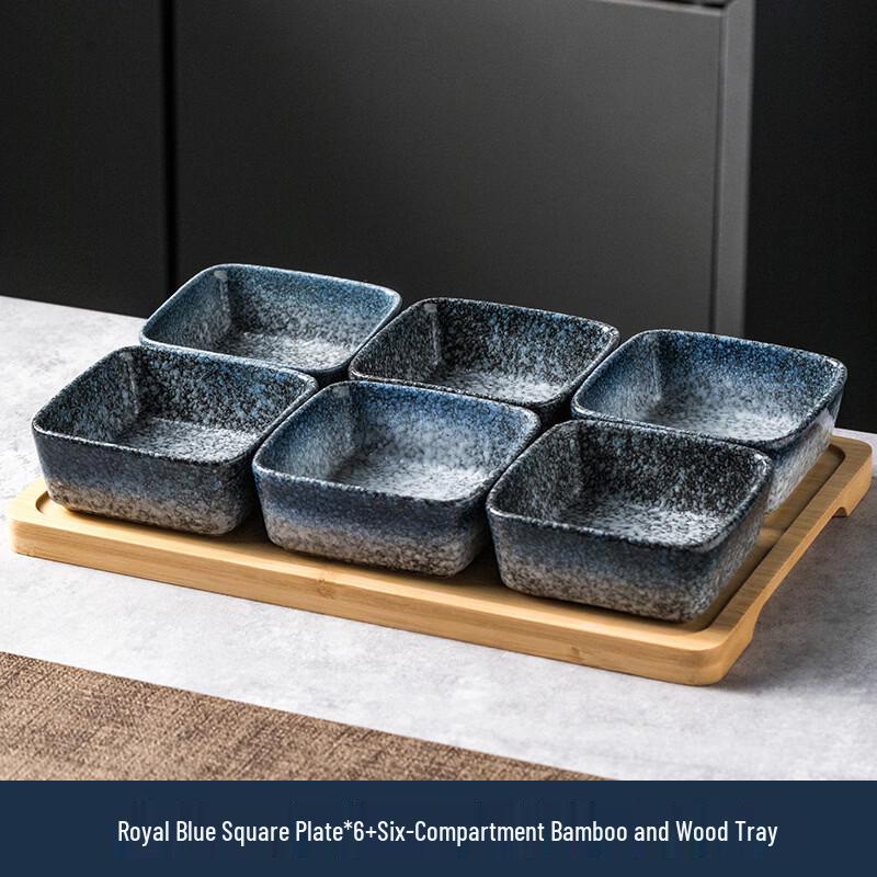Abay Ceramic Square Snack Dish Set with Bamboo Tray