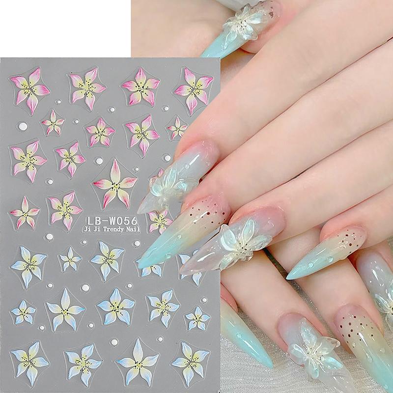 1Sheet Pink Lily Flower Nail Sticker Relief 3D Jelly Five Petal Flower Nail Art Decoration Decals Diy Selfadhesive Sliders