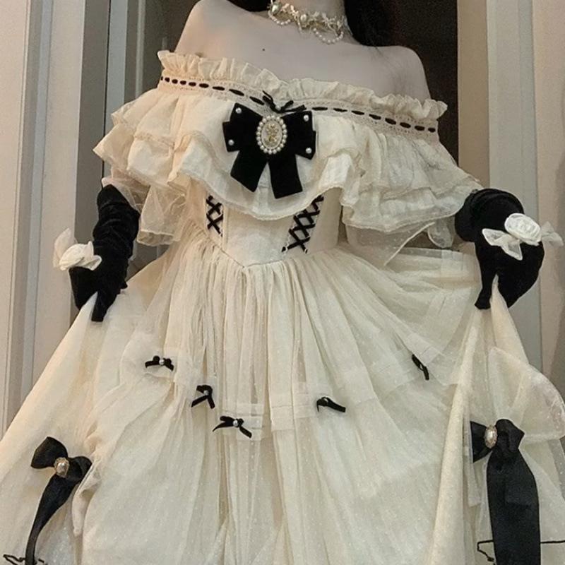 Vintage Elegant Lolita Dress Women Sweet Bow High Waist Fairy Party Dresses Summer Cosplay Costumes French Princess Dresses
