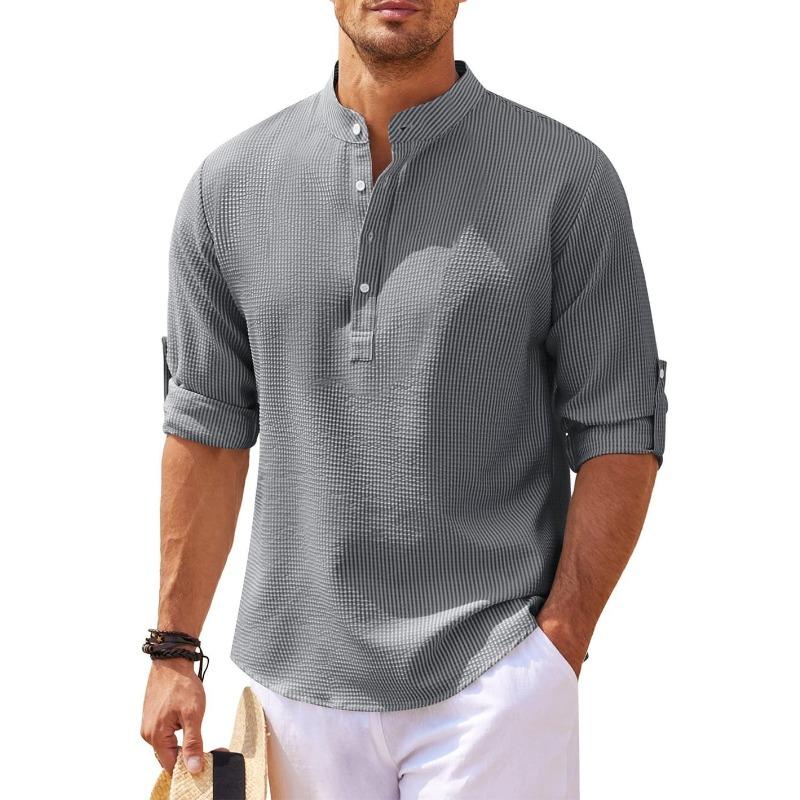 Men's long-sleeved shirt stand-up collar half-open button-up shirt pineapple plaid shirt men's casual shirt top
