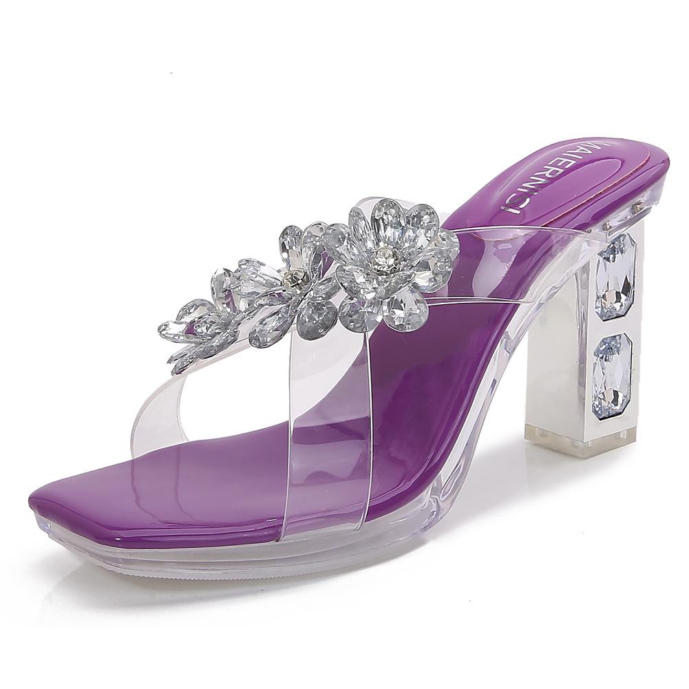 

Прозрачные летние новые сандалии со стразами и бантом, на высоком каблуке, универсальные, с толстым каблуком, модные, для улицы, крутые шлепанцы для женщин 43 фиолетовый