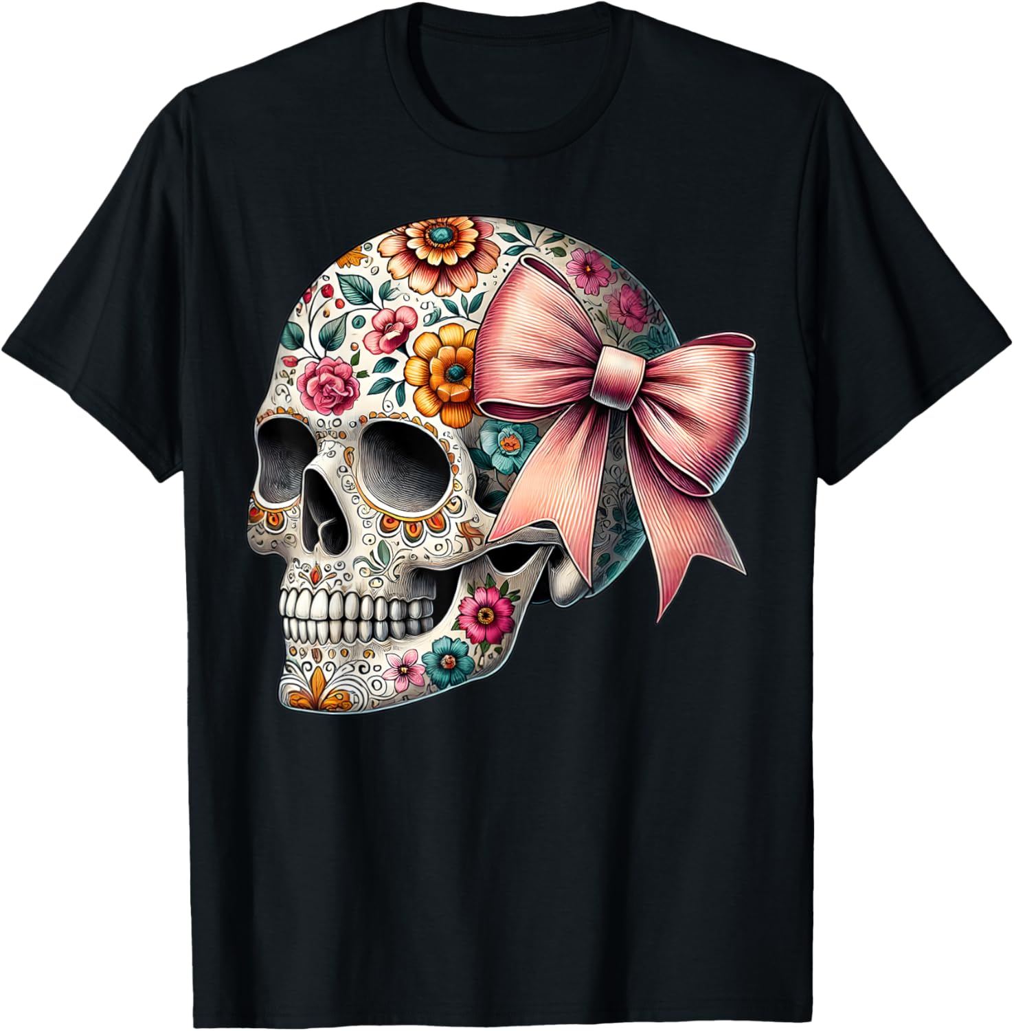 Floral Sugar Skull Graphic Girls Women Sugar Skull Flower T-Shirt XXL