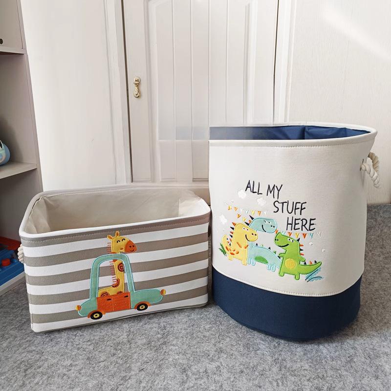 Cartoon Toy Storage Basket & Foldable Canvas Laundry Hamper, Collapsible Clothes Organizer Bin with Handles for Kids Room