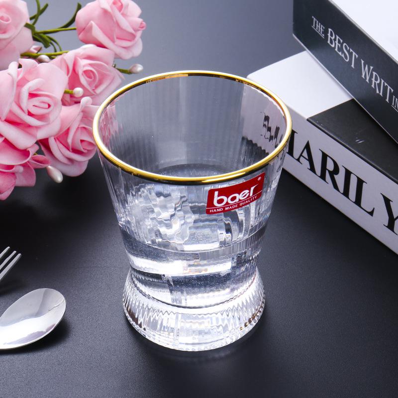 Nordic Gold-Painted Glass Cup with Vertical Stripes - Transparent Beverage, Juice, and Coffee Cup with Gold Rim