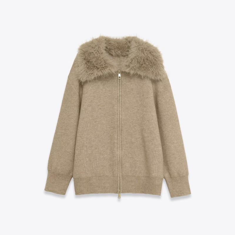 Womens Zip-Up Cardigan With Faux Fur Collar Solid Color Casual Knit Coat Everyday Wear