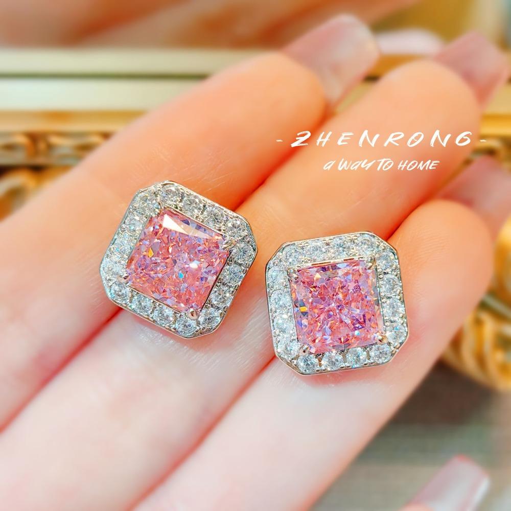 Women Jewelry Set Fashionable Pink Diamond Necklace Yellow Pendant High Carbon Earrings Rings Gemstone Set