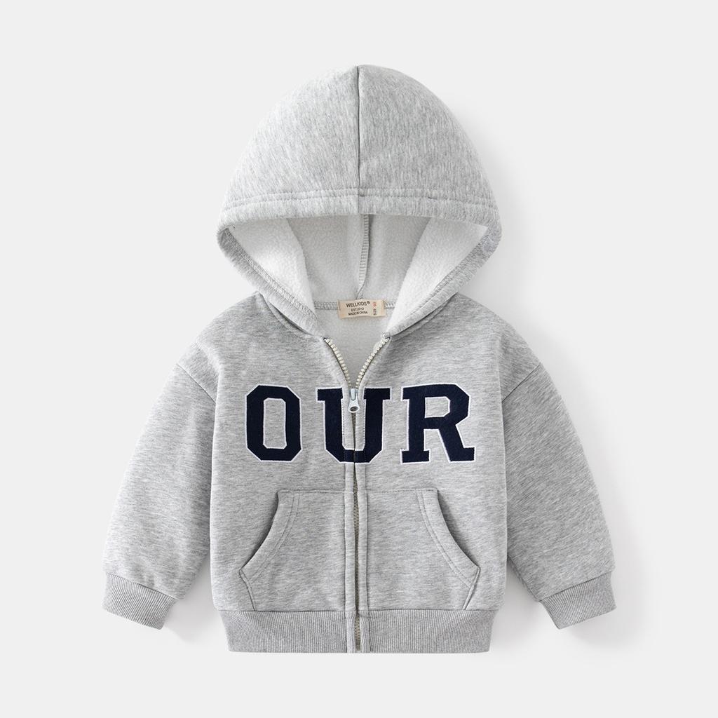 Boys Casual Letter Printed Fleece Lined Hooded Long Sleeve Zip Up Jacket