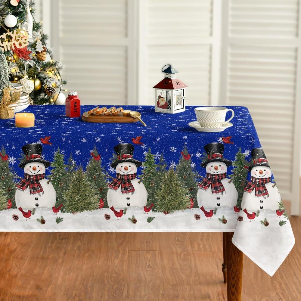 Christmas Polyester Tablecloth Snowman Print Lightweight Stain Resistant Dining Decor Long Table Cover
