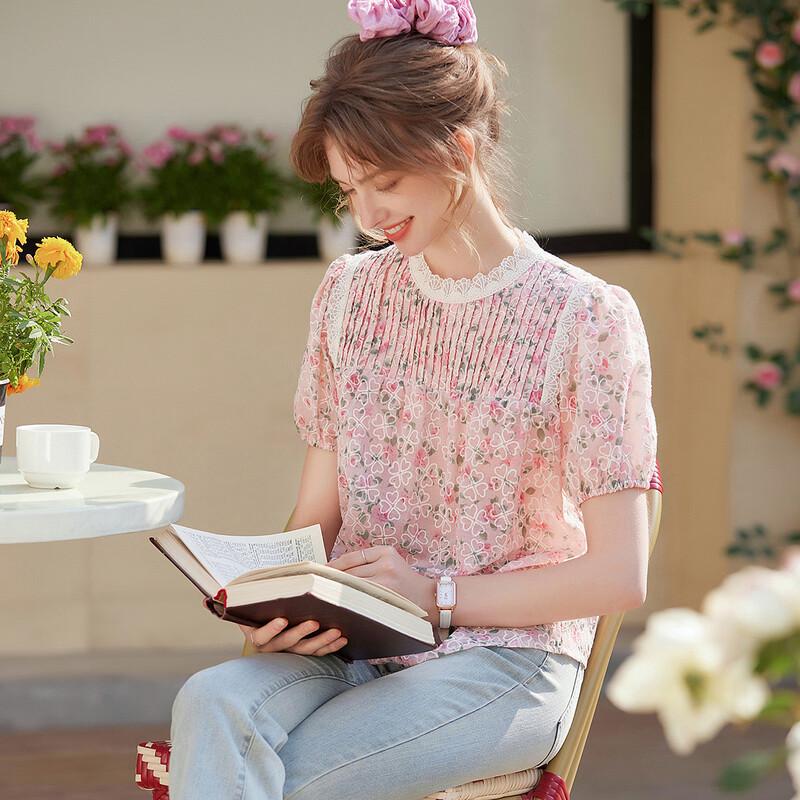 Women s Sweet Floral Puff Sleeve Blouse S