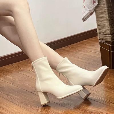 Eckige Zehenpartie Damen Stiefeletten mit Absatz Herbst Winter Leder Mode 2025 Stiefeletten Designer Luxus Hohe Qualität Weiblich Kurze Schuhe