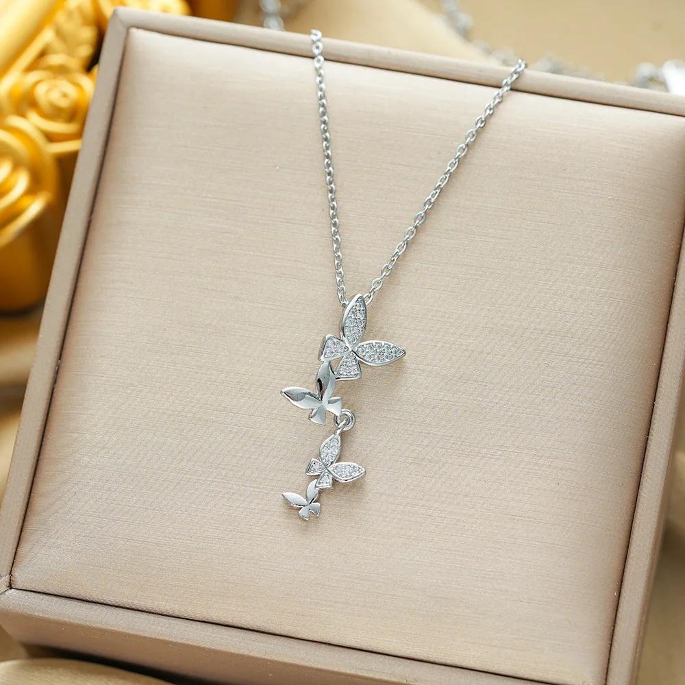 

Stainless Steel Chain Elegant Zircon Butterfly Pendant Necklaces for Women Lady Vintage Butterfly Jewelry Accessories Gifts