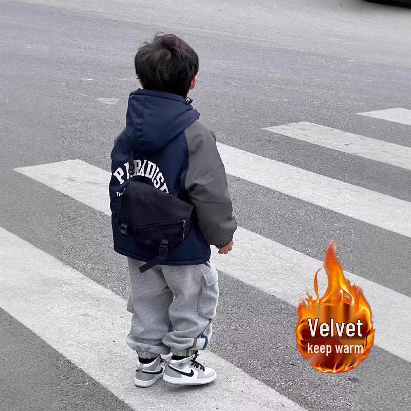 

Boys Fleece-Lined Hooded Windbreaker: 2025 Style Thick Winter Cotton Jacket 110cm (For height 100-110cm)