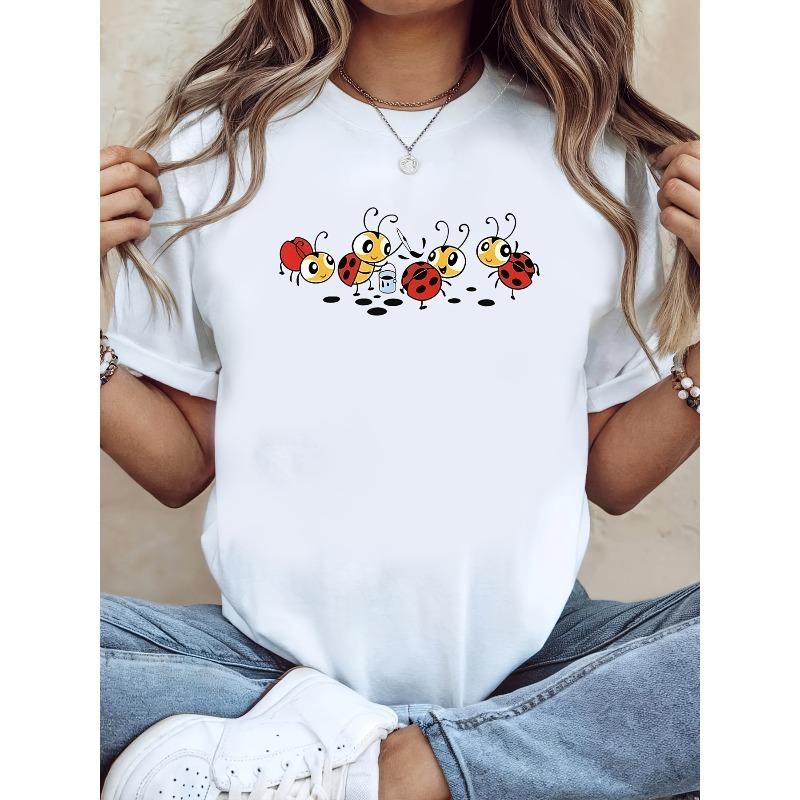 

Plus Size Women s Ladybug & Bee Cartoon Print T-Shirt White Round Neck Short Sleeve Casual Daily Tee S белый