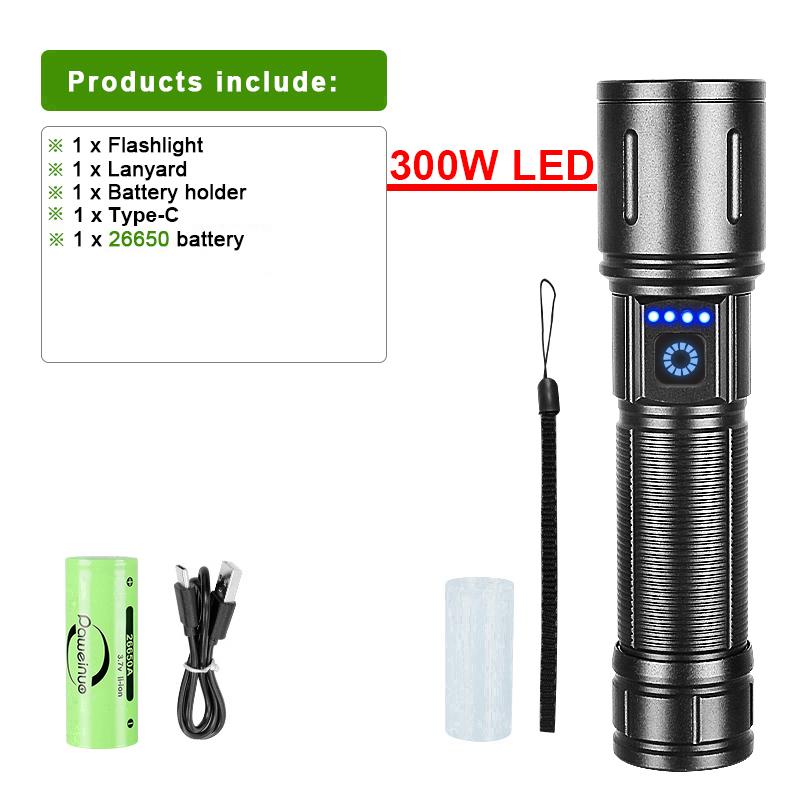 High Power LED Flashlight Rechargeable Type-C Flashlight 26650 Super Bright Long Range Torch Camping Lantern Fishing Lamp
