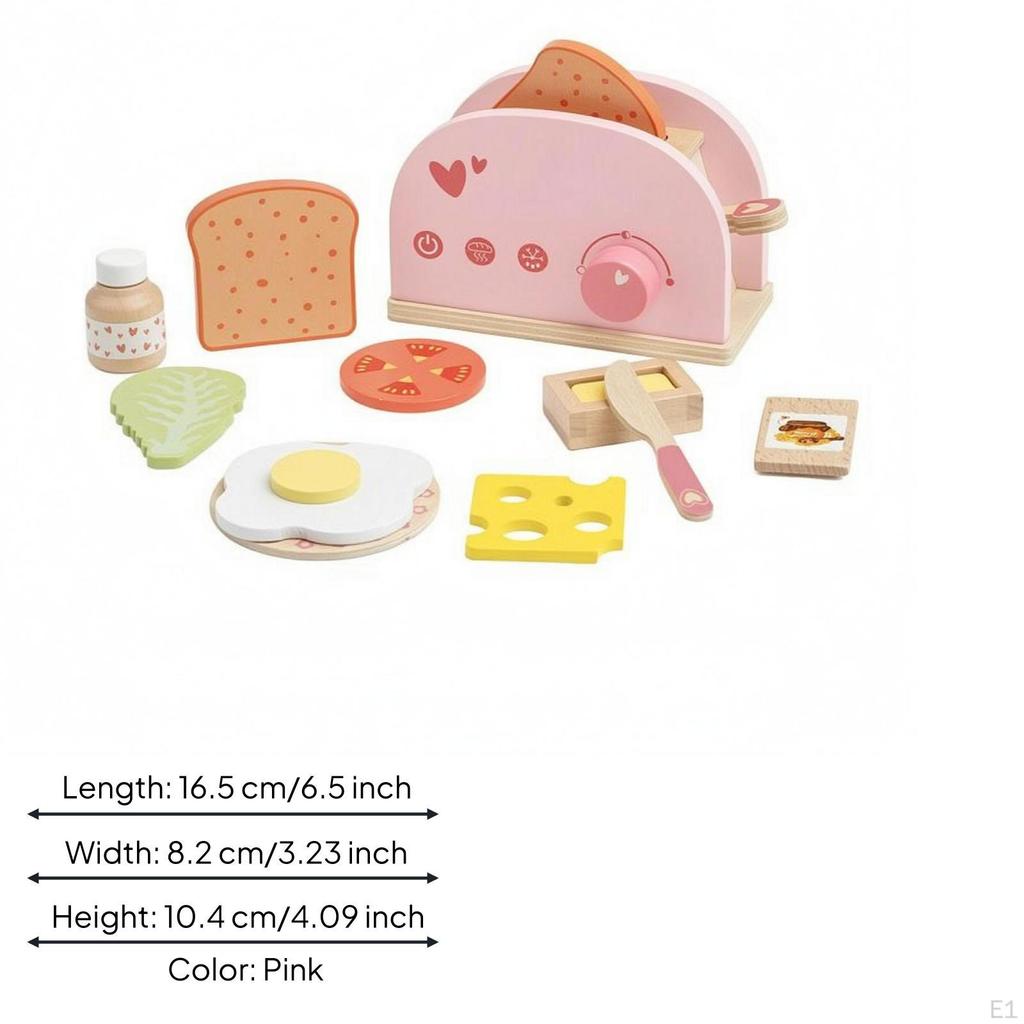 Wooden Toy Toaster Set Painted Pretend Rounded Fine Motor Skills for Children Pink