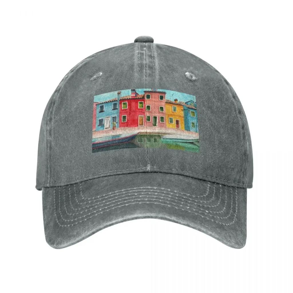 Watercolor Burano quarter in Venice Baseball Cap summer hat Fishing cap Vintage Women's Hats Men's
