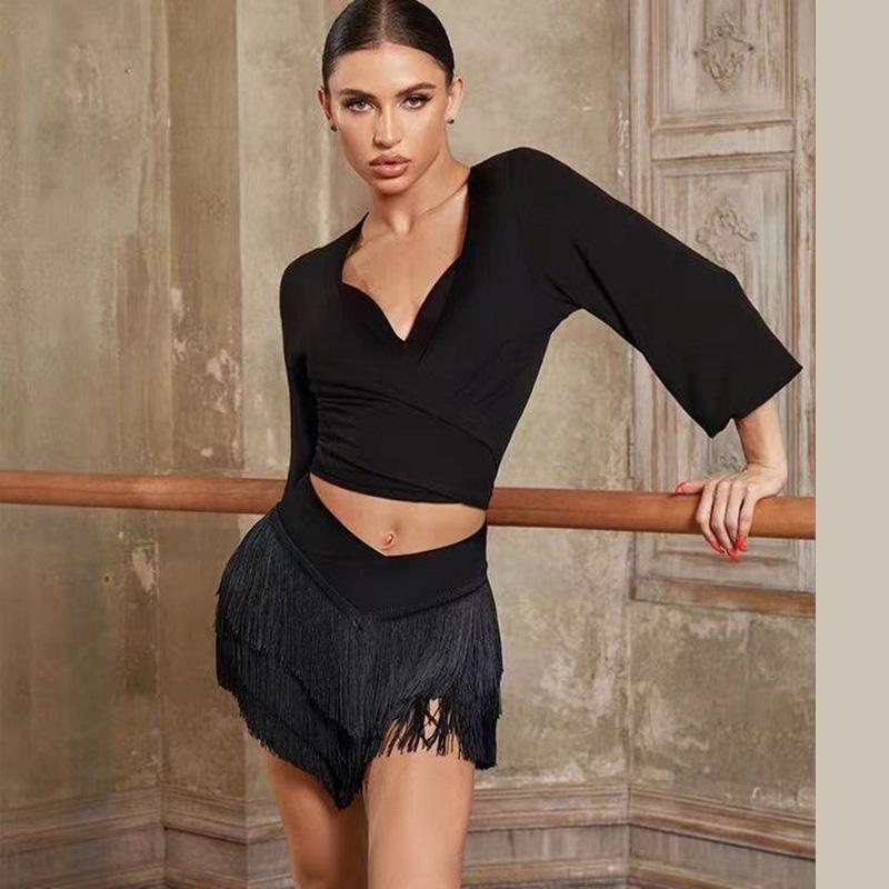 Women Latin Dance Skirt Adult Female Tango Cha Cha Latin Dance Professional Practice Skirt Sexy Three Layer Tassel V Half Skirt