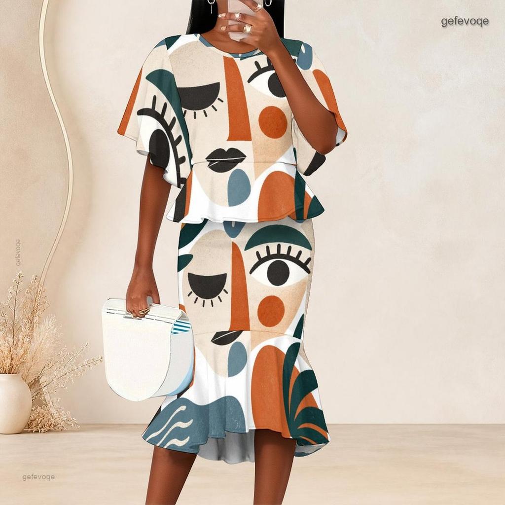 Women Plus Size Navy Golden Printed Round Neck Batwing Sleeve Ruffle Hem Top Fishtail Skirt Two Piece Set