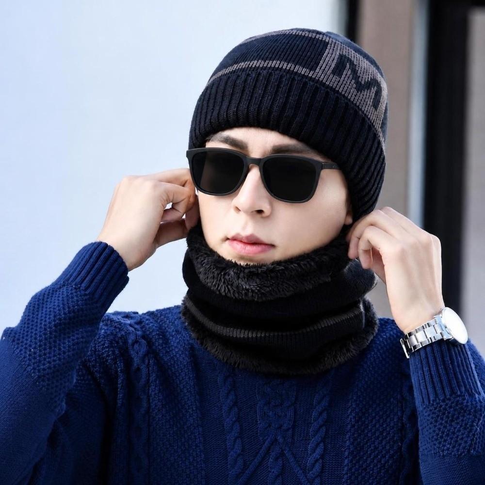Plush Lined Knitted Beanie Set Windproof Winter Knit Headwear Set Cozy Neck Warmer Set  For Men