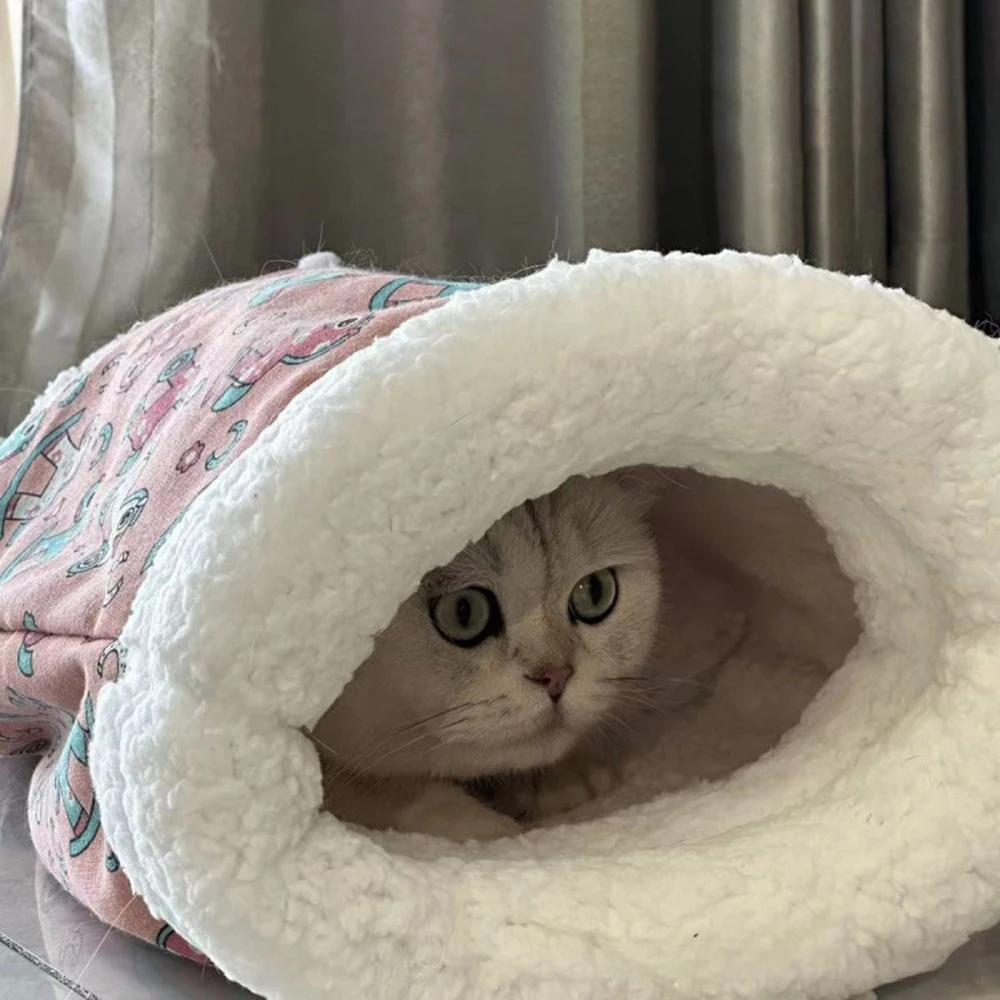 Cat Sleeping Bag Soft Cuddly Fluffy Feel Thickened Pet Pocket Type Quilt Bed Kitten Puppy Soft Comfortable Warm Nest Pet