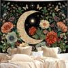 Celestial Moon & Floral Tapestry 2D Digital Print Polyester Wall Hanging Living Room Bedroom Office Studio Decor with Hooks