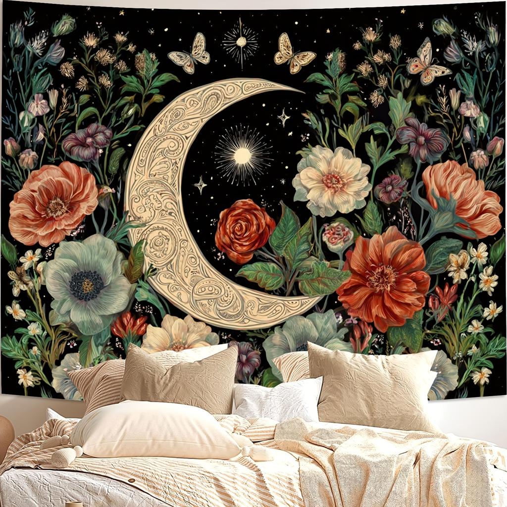 Celestial Moon & Floral Tapestry 2D Digital Print Polyester Wall Hanging Living Room Bedroom Office Studio Decor with Hooks