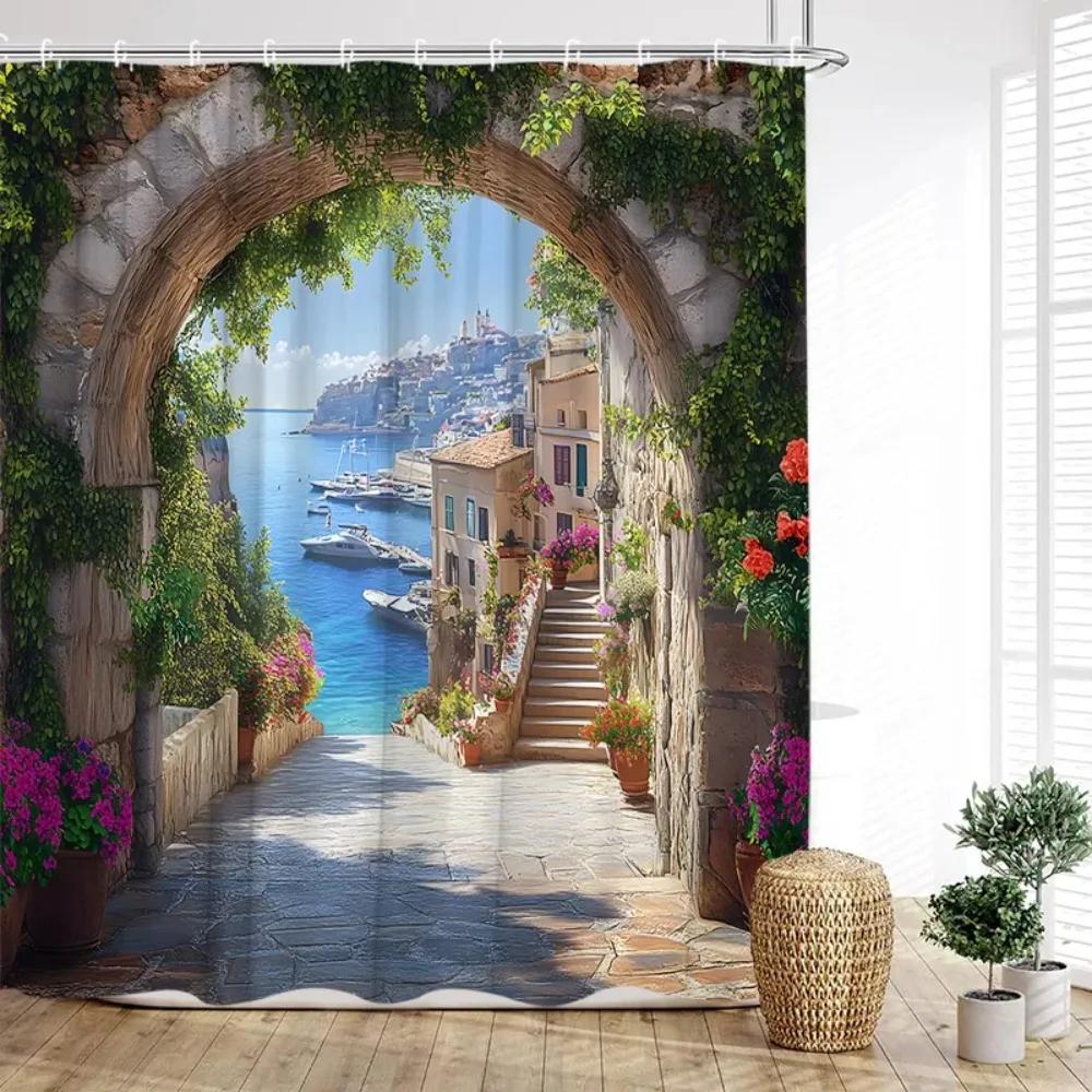 Tenda Doccia Vintage Strada Italiana Architettura ad Arco Pianta Floreale Scenario Tessuto Decorazione Bagno Casa Tende da Bagno con Ganci