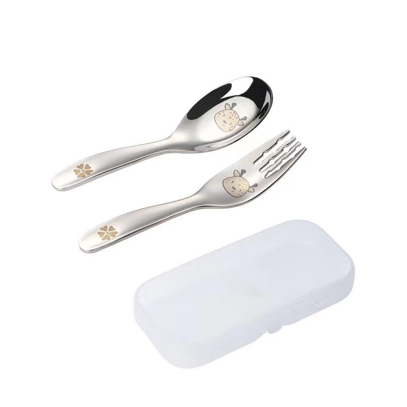 2pcs cartoon animals Baby Teaspoon Spoon Food Feeding Fork Utensils Set Stainless Steel Kids Learning Eating Habit Tableware