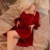 Women's Solid Velvet Lace Backless Cami Sleep Dress with Tie Robe for Fall Winter