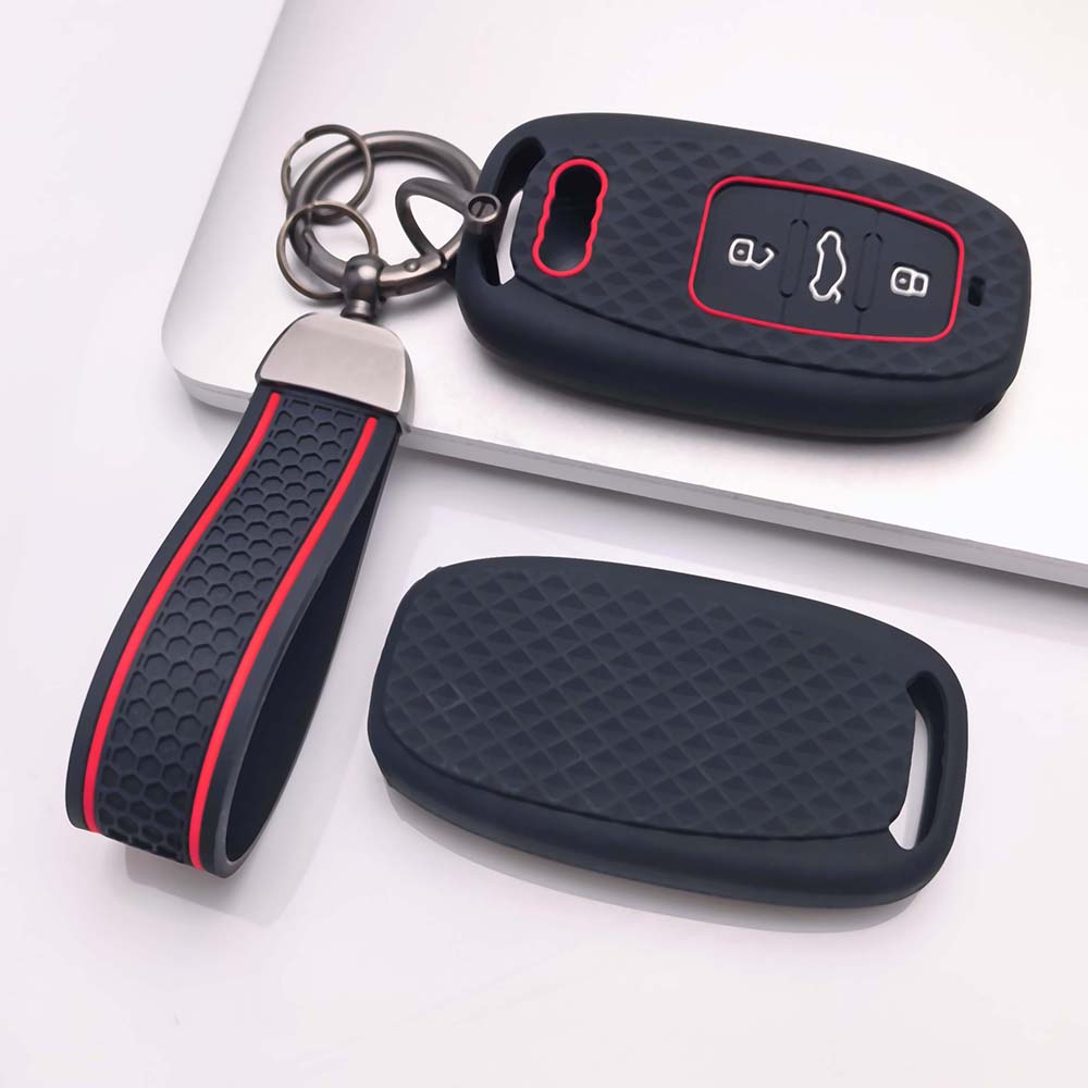 Silicone Car Key Case Cover with Wrist Keychain for A6 A7 A8 E Tron Q5 Q7 Q8 C8 D5 Protective Car Remote Key Holder