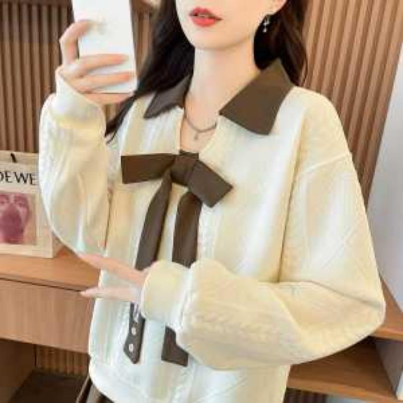 Women's Contrast Polo Collar Bow-Knot Knit Sweatshirt Hoodies