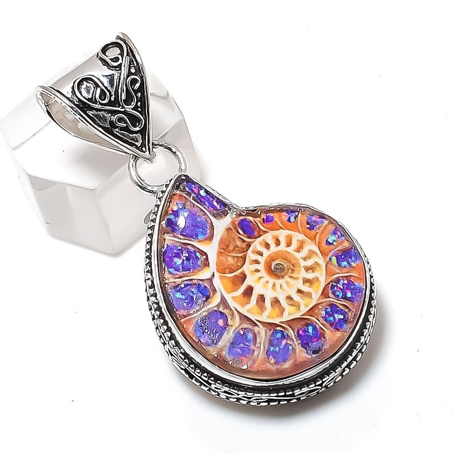 Natural Ammonite Fossil Gemstone 925 Sterling Silver Jewelry Pendant 1.85" I8N40
