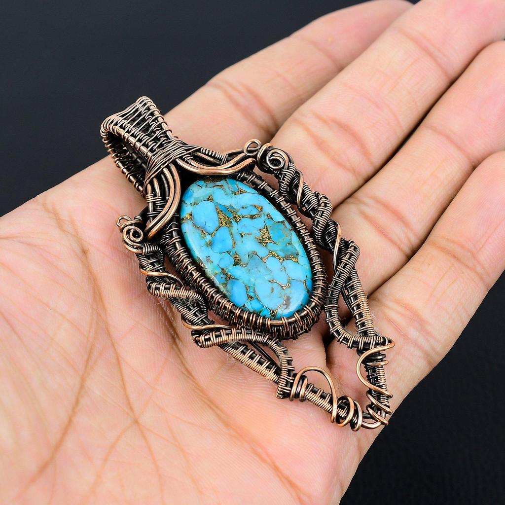 Pandantiv din sârmă de cupru turcoaz lucrat manual, bijuterii pentru femei